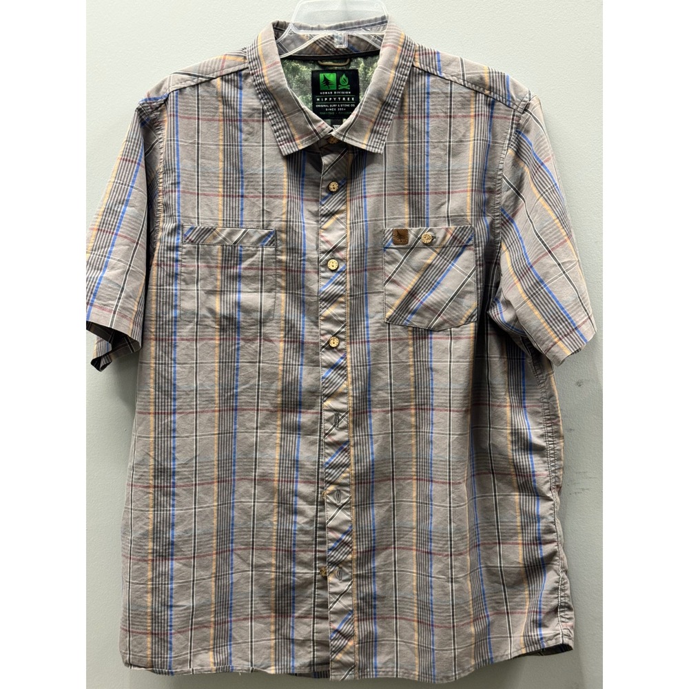HippyTree Nomad Division Button Up Shirt Mens XL Grey Plaid Short Sleeve Natural